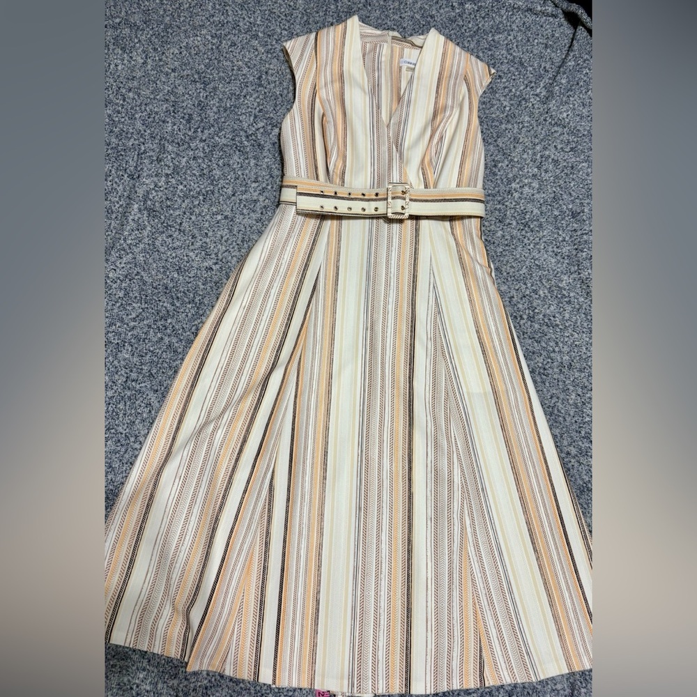 Calvin Klein Cream Sleeveless V-Neck Striped Midi Dress - Picture 3 of 9